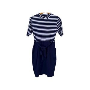 Merokeety Striped Mock Neck Navy Blue Tie Waist Sheath‎ Dress